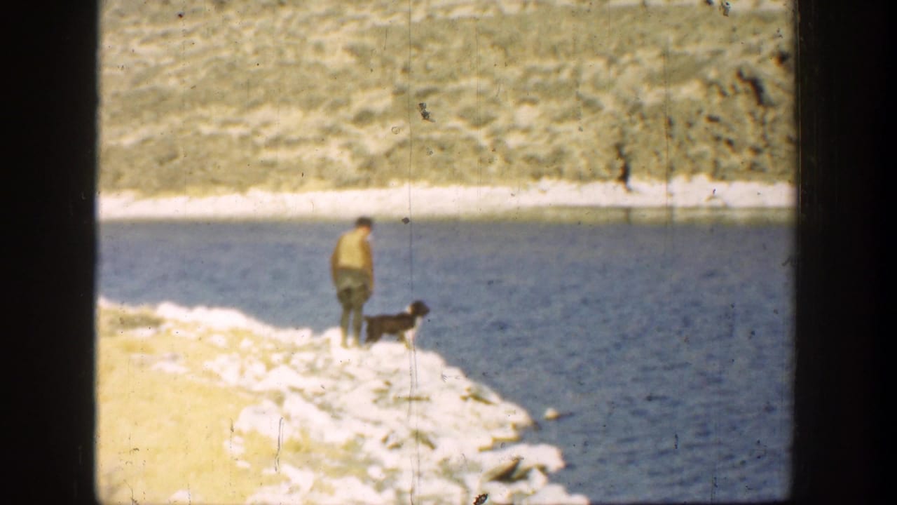 Man and dog remain near the lake edge with dry hills across the water.