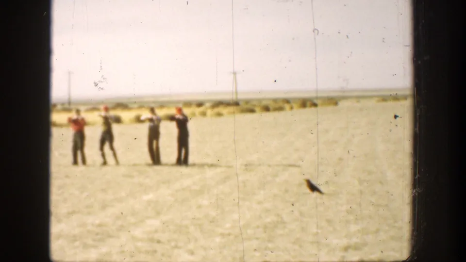 The 1936 California scene shows the group in a flat field, with one or more men holding long gun-like objects toward the right.