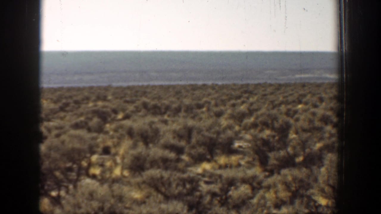 1936 California home-movie frame showing low coastal shrubland, a distant ocean band, and pale sky through dark window-like edges.