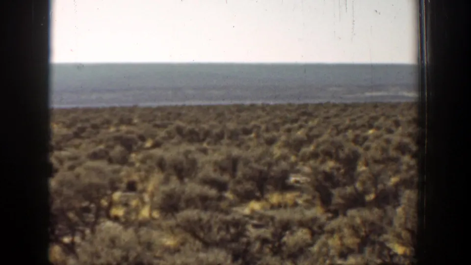 1936 California home-movie frame showing low coastal shrubland, a distant ocean band, and pale sky through dark window-like edges.