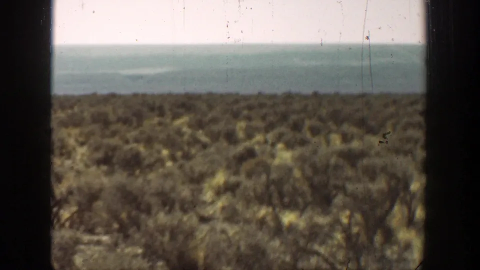 Soft 8mm frame of California coastal scrubland, distant ocean, and bright sky, with scratches and dust visible in the scan.