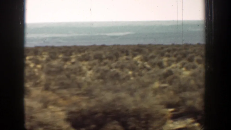End frame from the 1936 California clip showing motion-blurred roadside brush, dry ground, distant ocean, and pale sky.