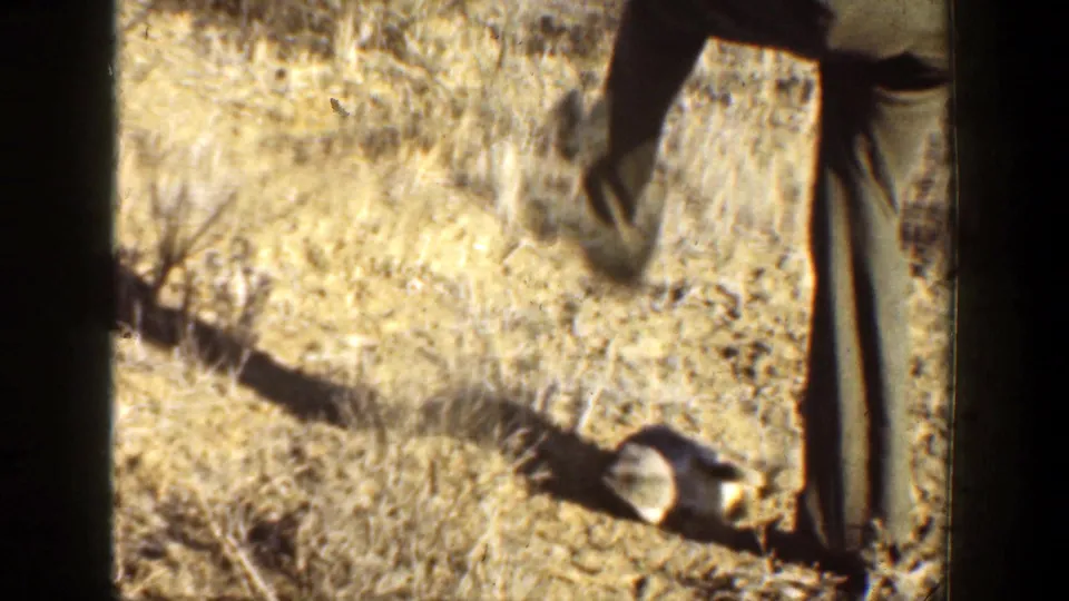 A trousered adult leg is raised near a small animal on sun-bleached California desert ground in the 1936 home movie.