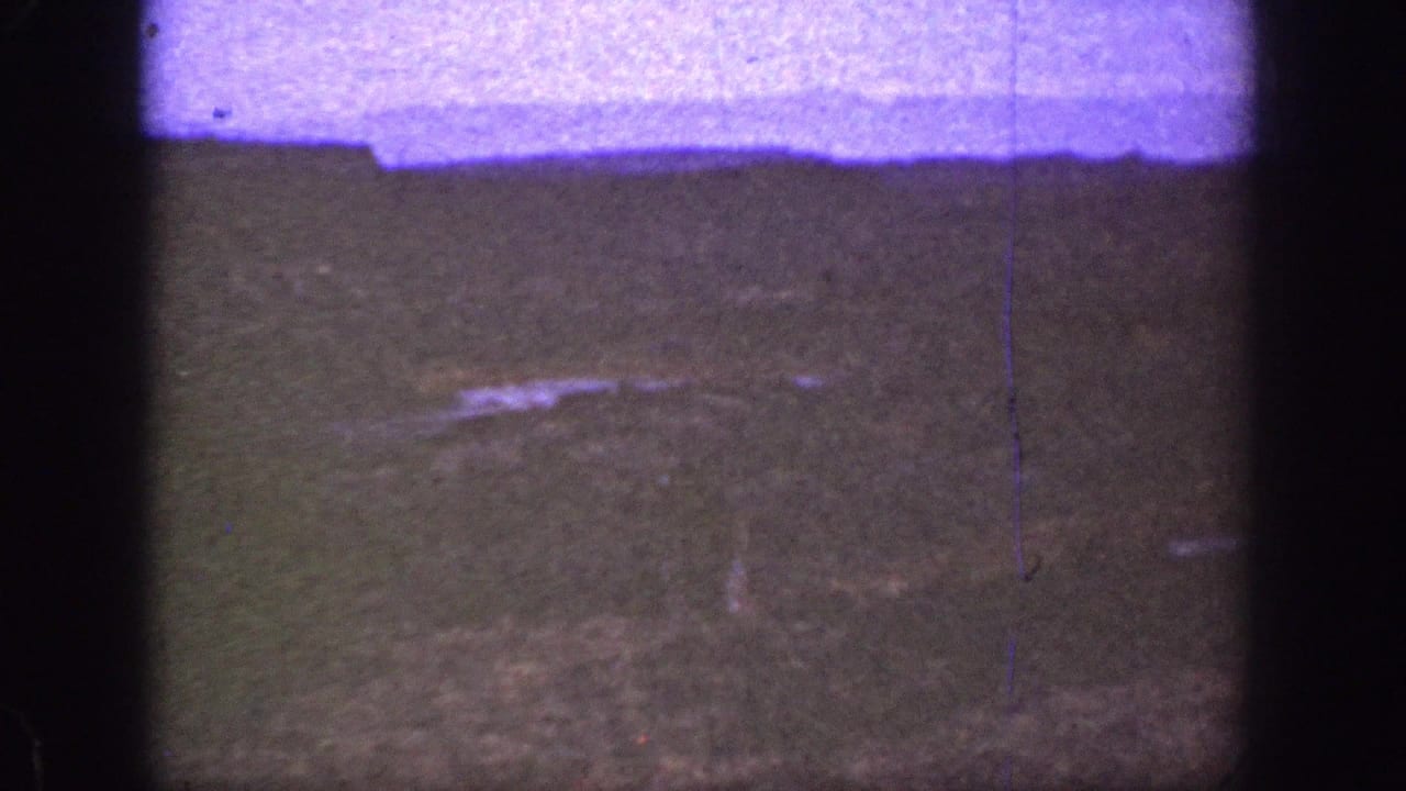 1936 California 8mm frame showing a dim grassy slope under a purple-tinted upper band, with scratches, grain, and dark gate edges.