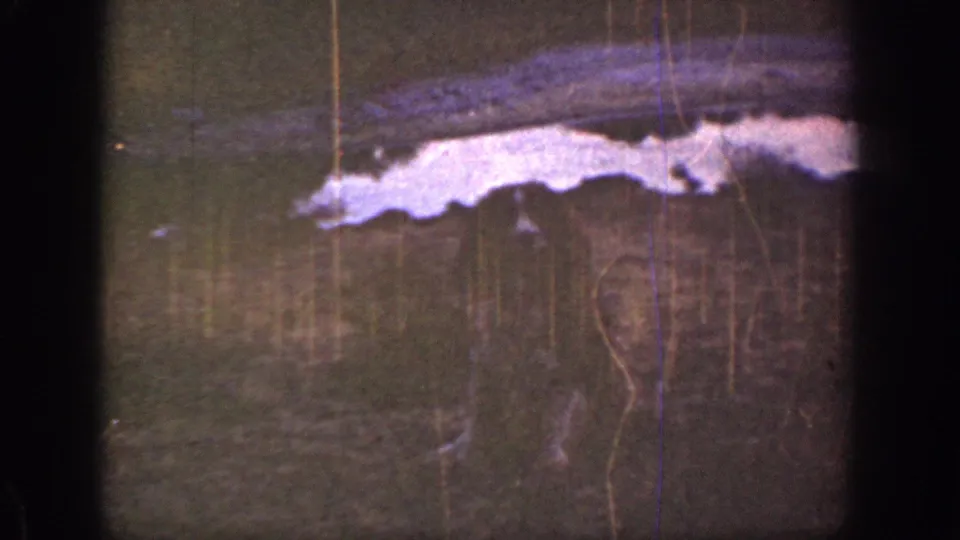1936 California 8mm frame showing a pale strip across a dark hillside and a small indistinct animal-like shape near the lower center.
