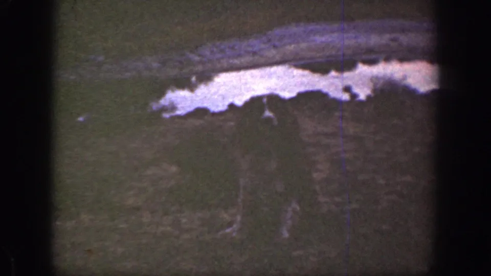 1936 California 8mm frame with a bright pale strip on a dark hillside, faint small animal-like shapes, grain, and vertical film wear.