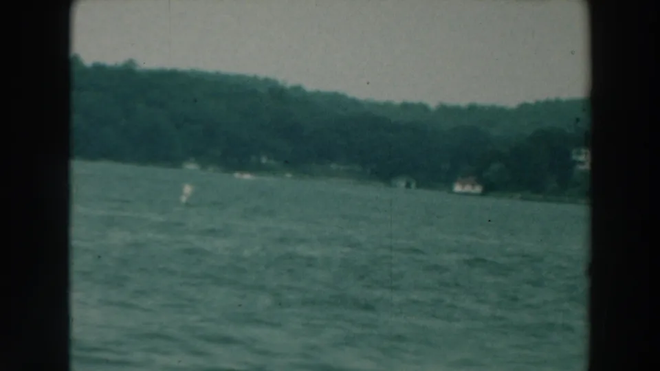 1964 Lake Winnebago scene with blue-green water, tree-covered shore, pale overcast sky, and small indistinct white objects near the bank.