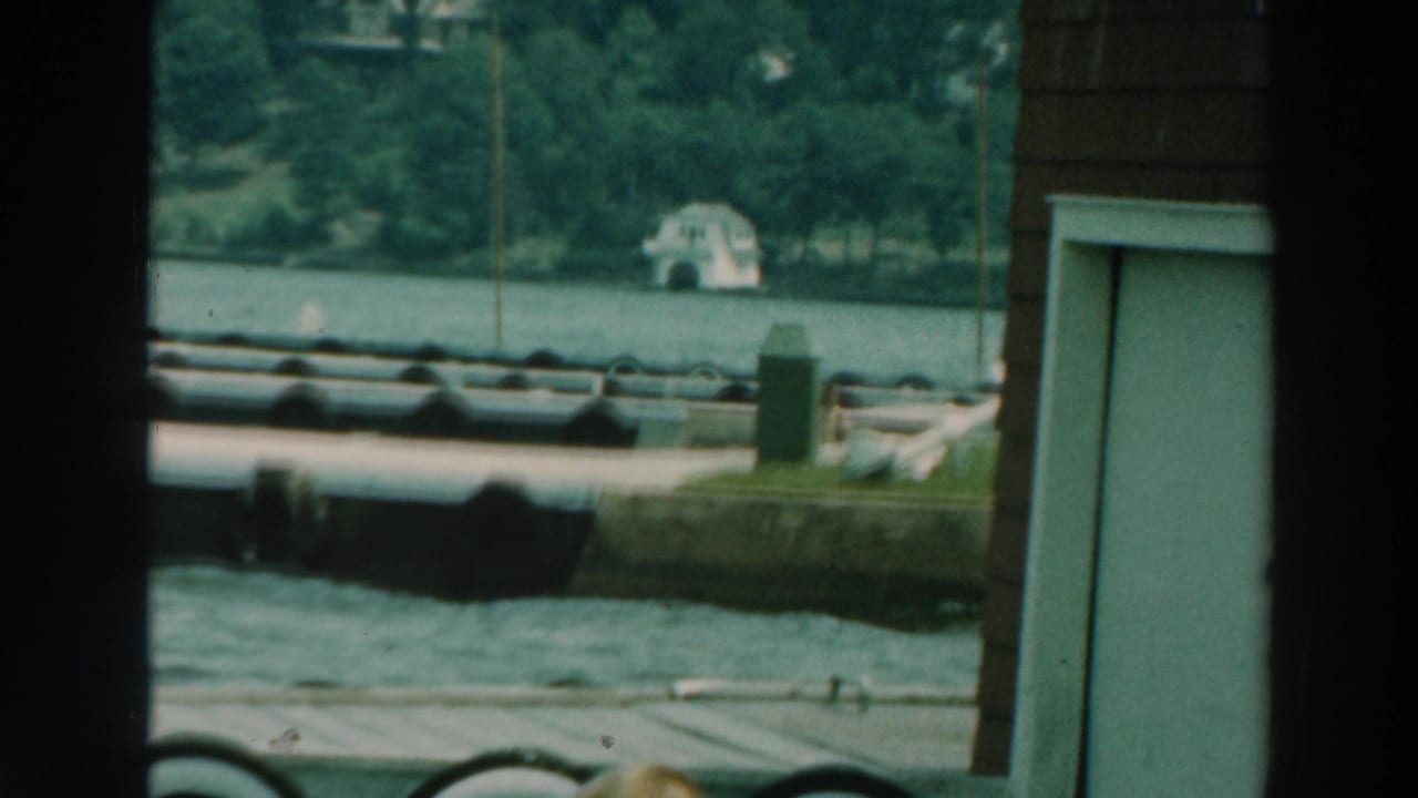 Lake water seen through dark dock framing with shoreline trees and a small distant white building.