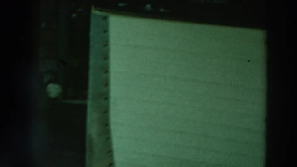 1964 Lake Winnebago frame dominated by dark dock or boathouse posts and a pale green wall or panel, with limited shoreline detail visible.