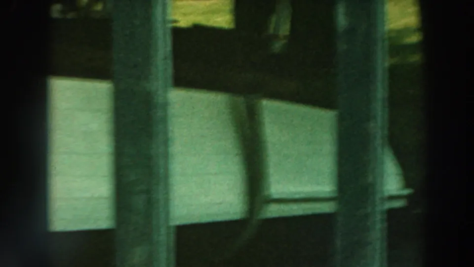 A darker 8mm view of the white boat under the wooden pier, with vertical supports crossing the frame.
