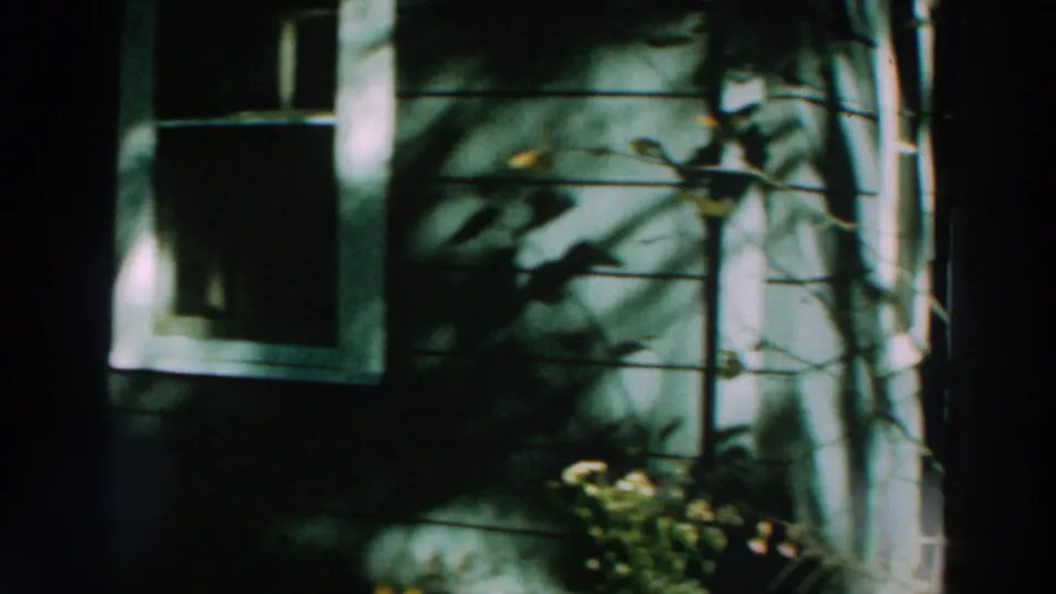 1964 Lake Winnebago frame showing the side of a house, white-trimmed window, siding, vines, and dappled tree shadows.