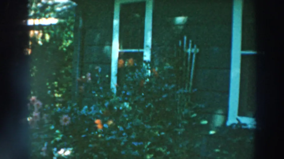 1964 Lake Winnebago frame showing a flower bed, leafy shrubs, white trim, and part of a house exterior in soft 8mm color.