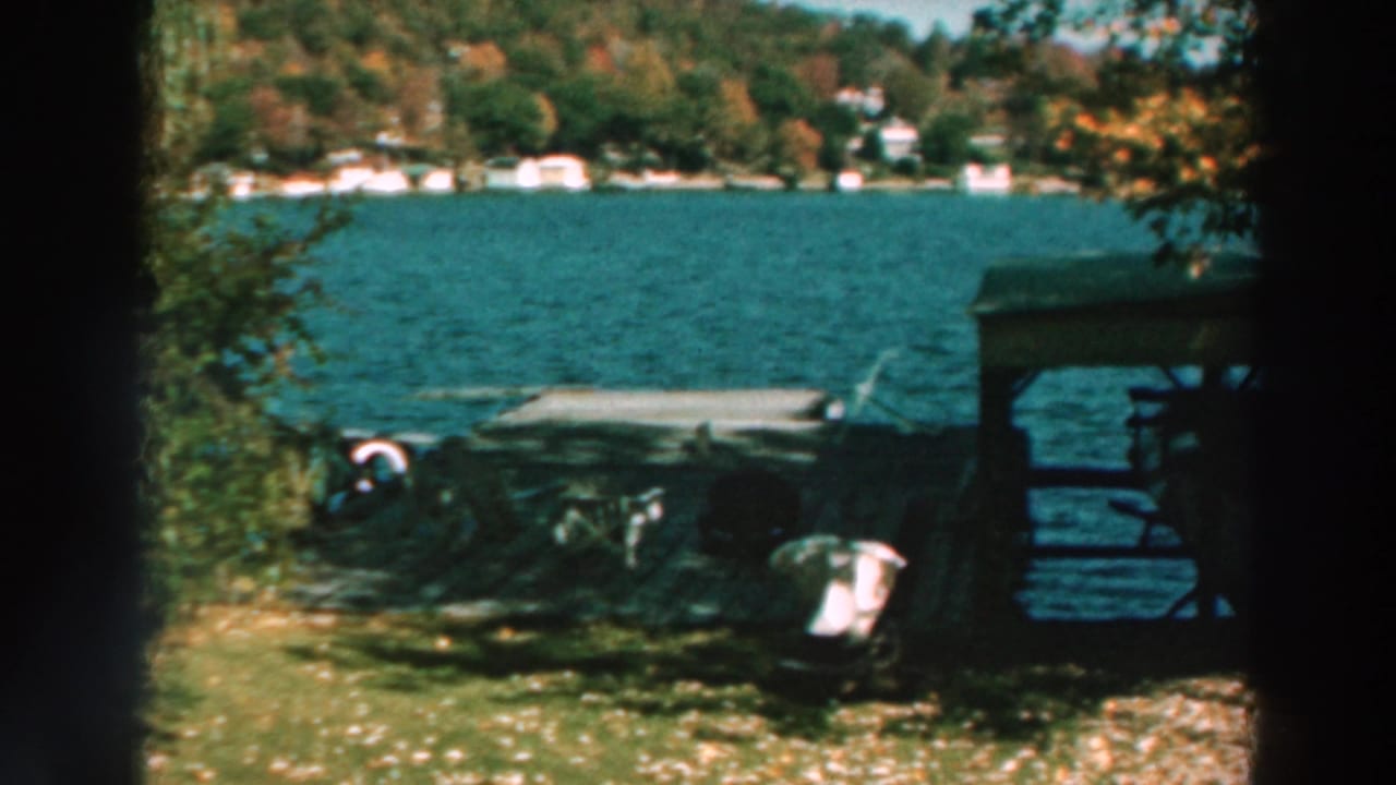 Lakeside dock and covered shelter beside blue water with trees and distant houses.