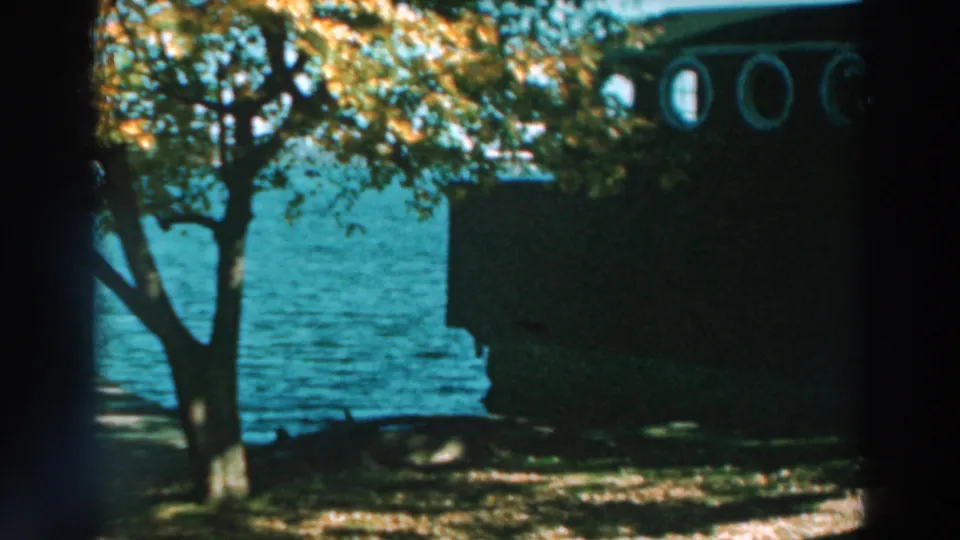 1964 lakeside view with a tree in the foreground, blue Lake Winnebago water, and a dark building with round upper windows.