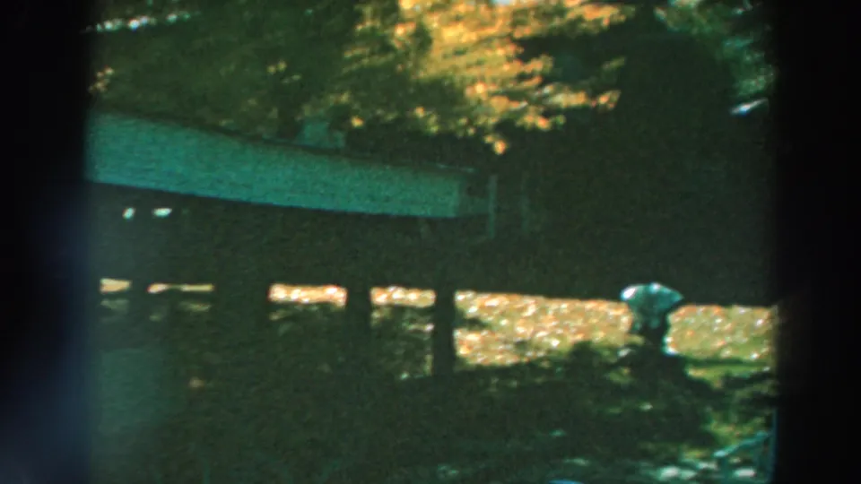 1964 Lake Winnebago frame showing a white boat or cover under a wooden structure, dark posts, trees, and bright ground reflections.