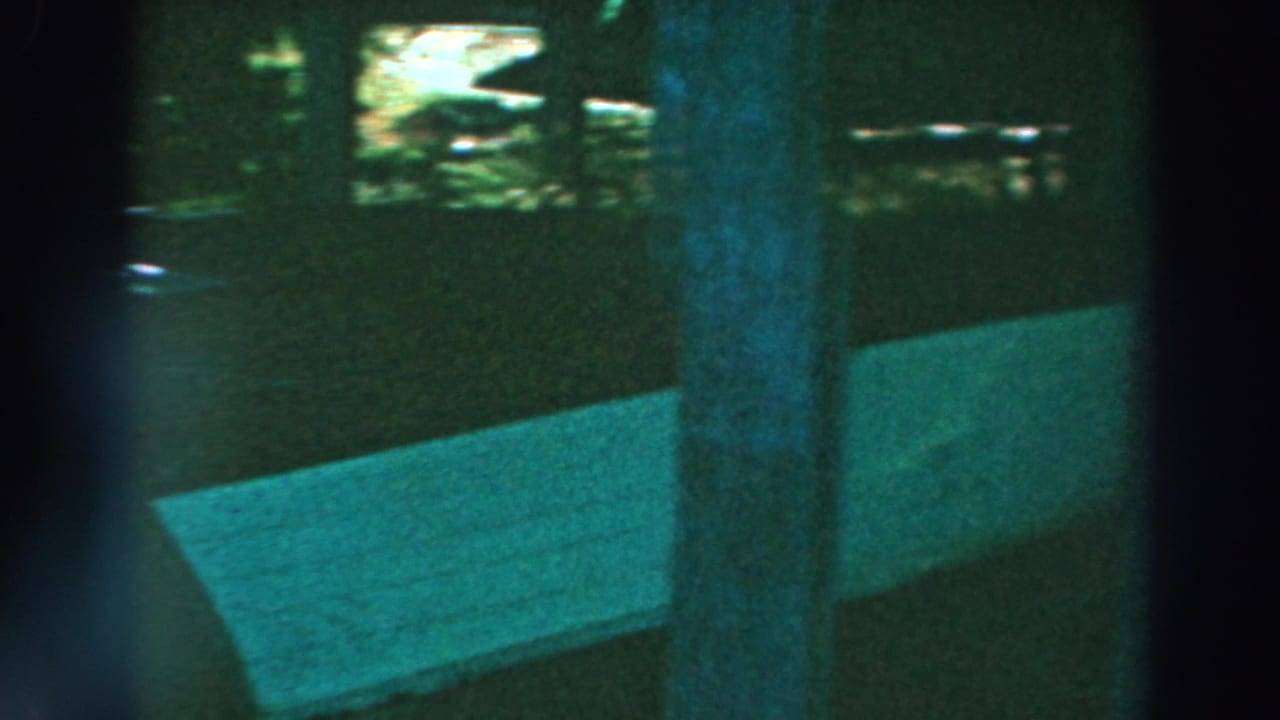 Window-framed lakeside view with water, dock, trees, and bright reflections.