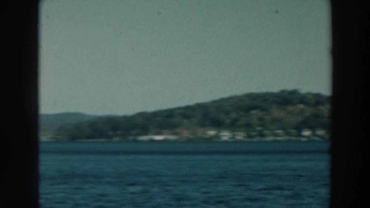 1964 Lake Winnebago view with blue water, forested hills, distant shore buildings, and dark window mullions in the foreground.