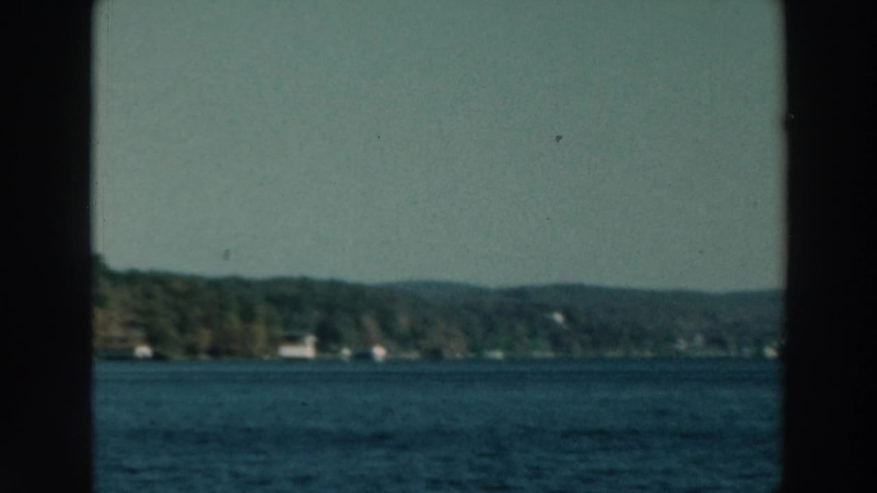 Forested shoreline across a lake, divided by a dark vertical window frame.