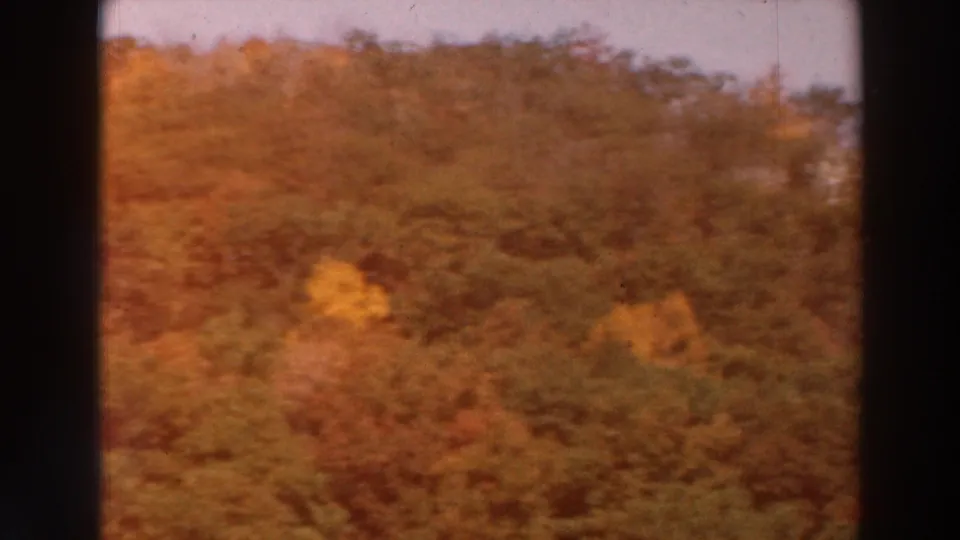 Warm, faded 8mm frame from the Lake Winnebago clip showing wooded autumn foliage with minimal house detail visible.