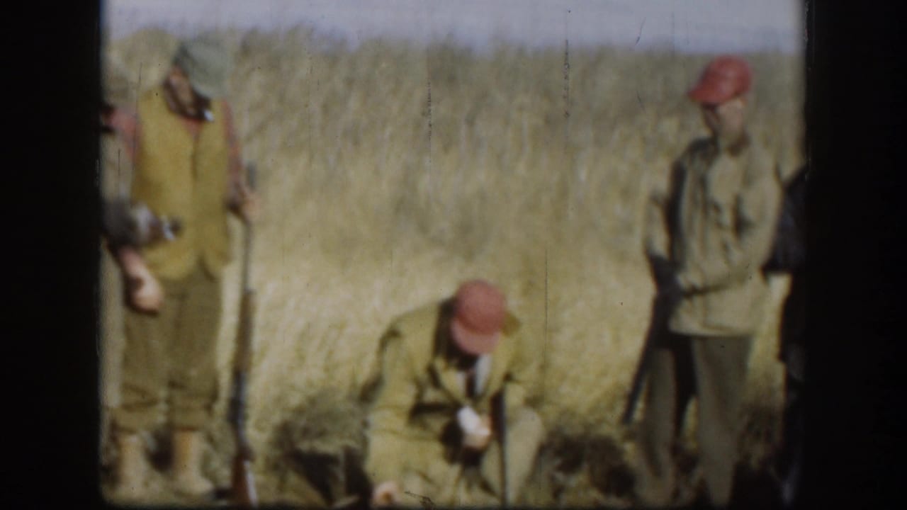 Men in caps stand in tall grass while one kneels near the ground.
