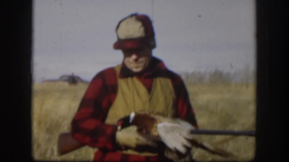 The 1958 Kansas home movie shows the hunter looking down as he holds a harvested pheasant across his rifle in the field.