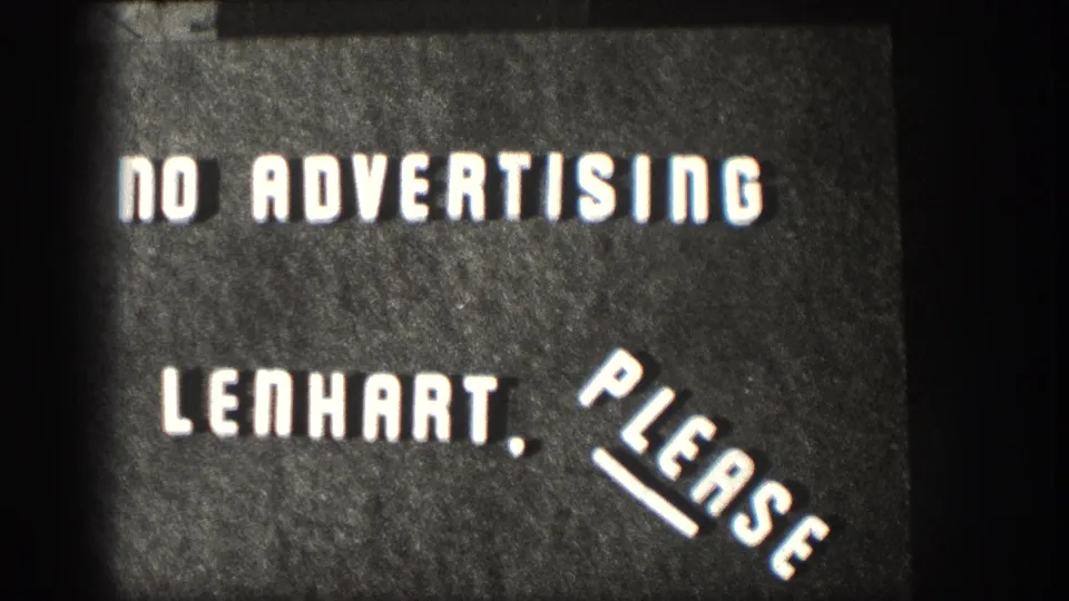 1958 8mm title card with NO ADVERTISING and LENHART, PLEASE lettering visible before the Kansas work-break footage.