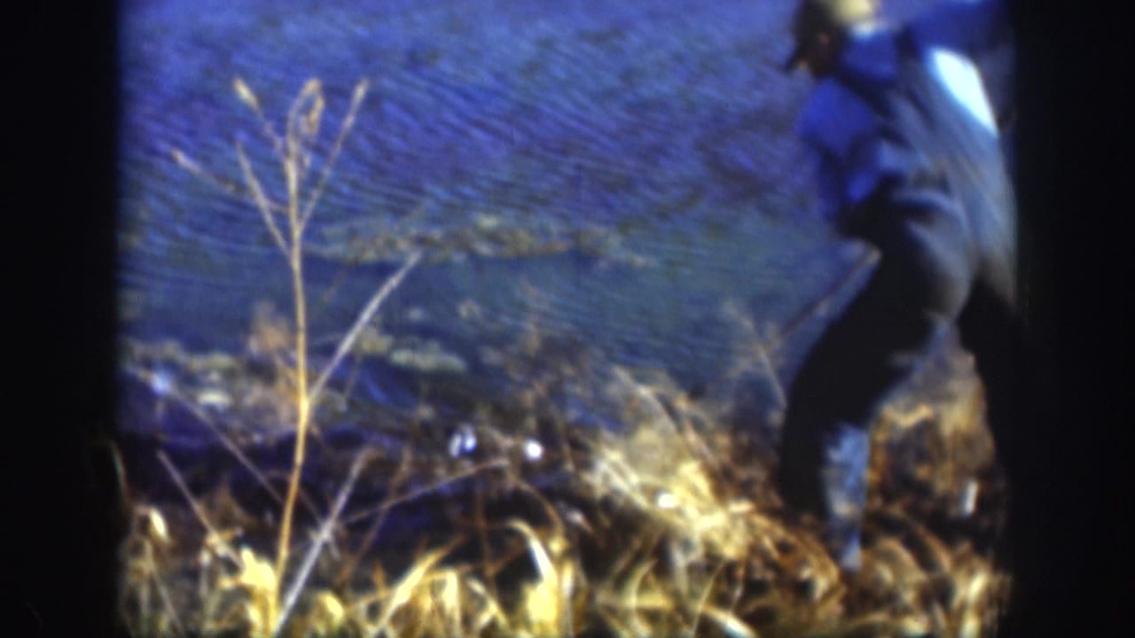 Kansas 1958 8mm frame showing a capped man partly at the lakeshore, moving beside reeds and water with a pole-like object nearby.