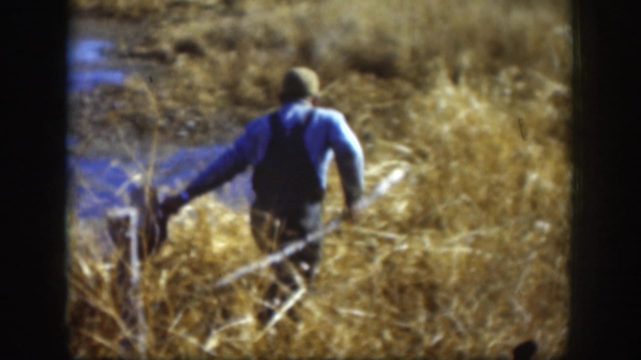 Seen from behind, the man moves through dry Kansas marsh grass carrying a bird and long gun in this 1958 home-movie frame.