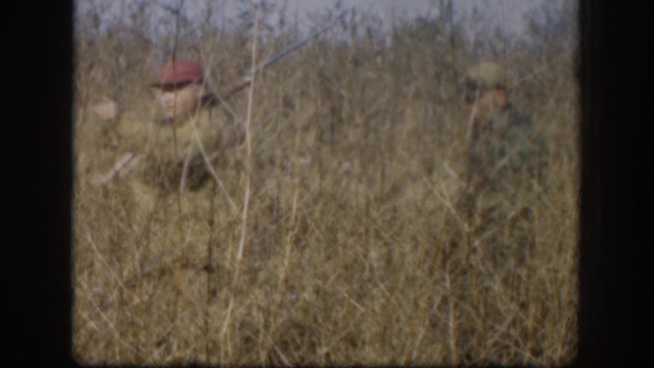 Two hunters partly obscured by tall dry grass and brush.