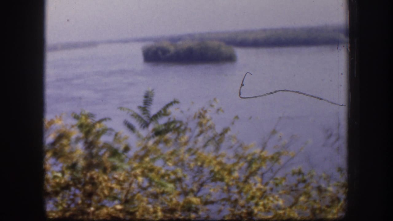 1958 Kansas 8mm frame of a hazy river or lake vista with shrubs below, a wooded island beyond, and visible film wear.