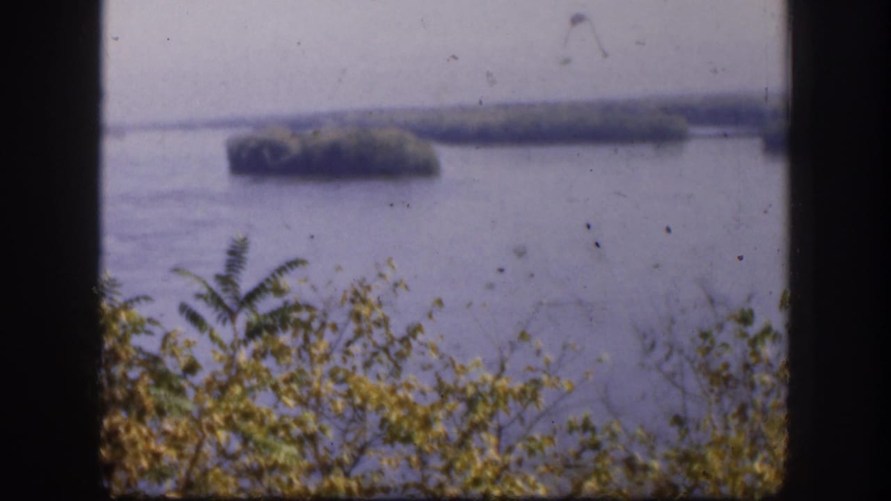1958 Kansas 8mm frame showing a hazy lake, low islands in the distance, foreground leaves, and dark film-frame edges.