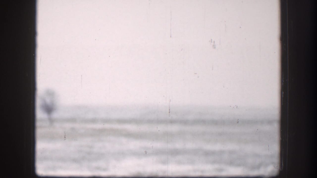 1958 Kansas 8mm frame of a snow-covered field and small distant tree, viewed through an interior window pane.