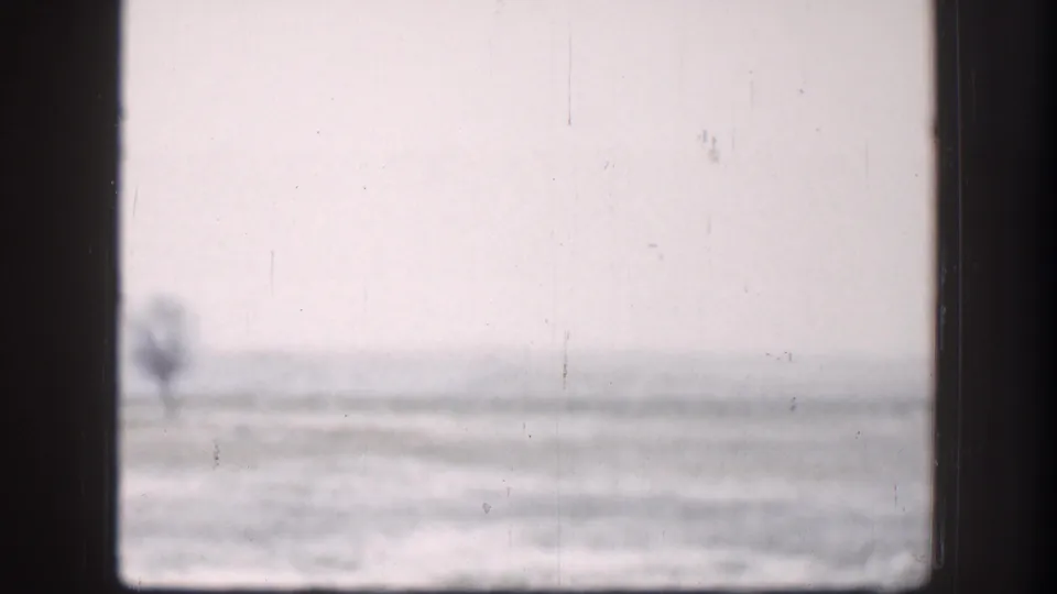 1958 Kansas 8mm frame of a snow-covered field and small distant tree, viewed through an interior window pane.