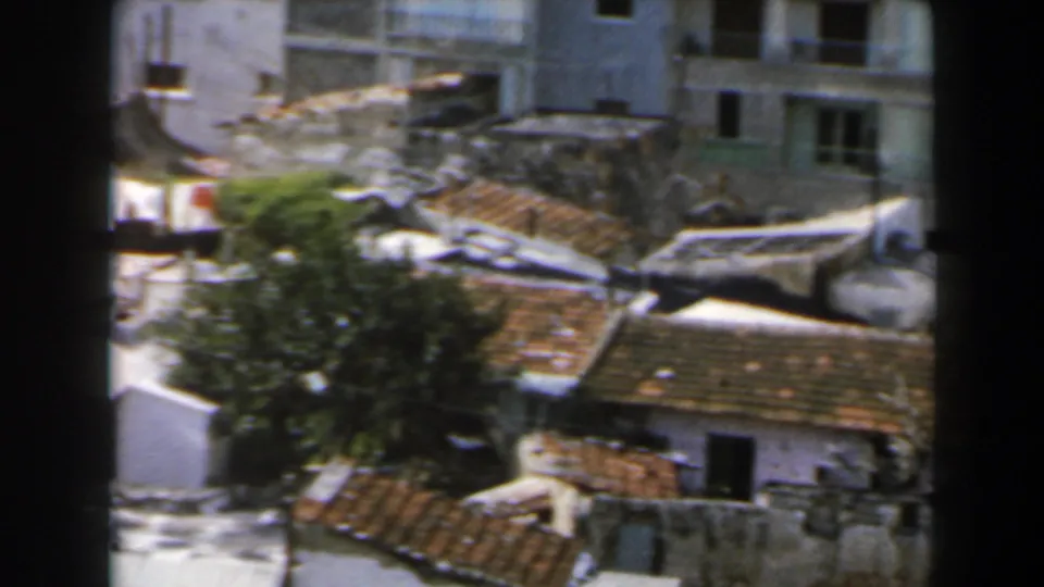 1960 Israel rooftop view with tiled roofs, pale apartment facades, rooftop structures, and a leafy tree among close buildings.