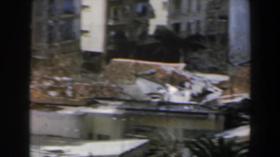 1960 Israel urban view with weathered facades, close rooftops, dark foreground framing, and palm fronds at the bottom edge.
