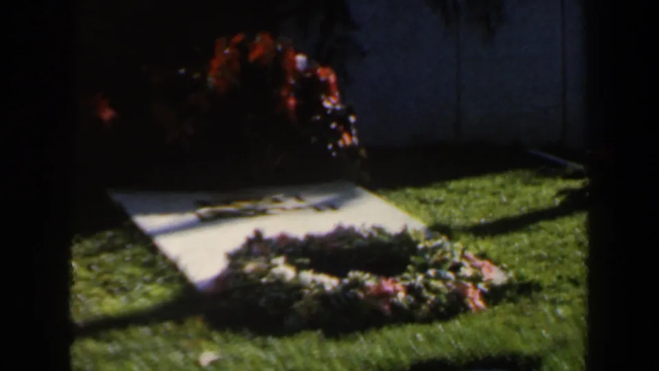 A close view shows a grave marker or memorial slab with a wreath on grass, likely part of the same Israel visit.
