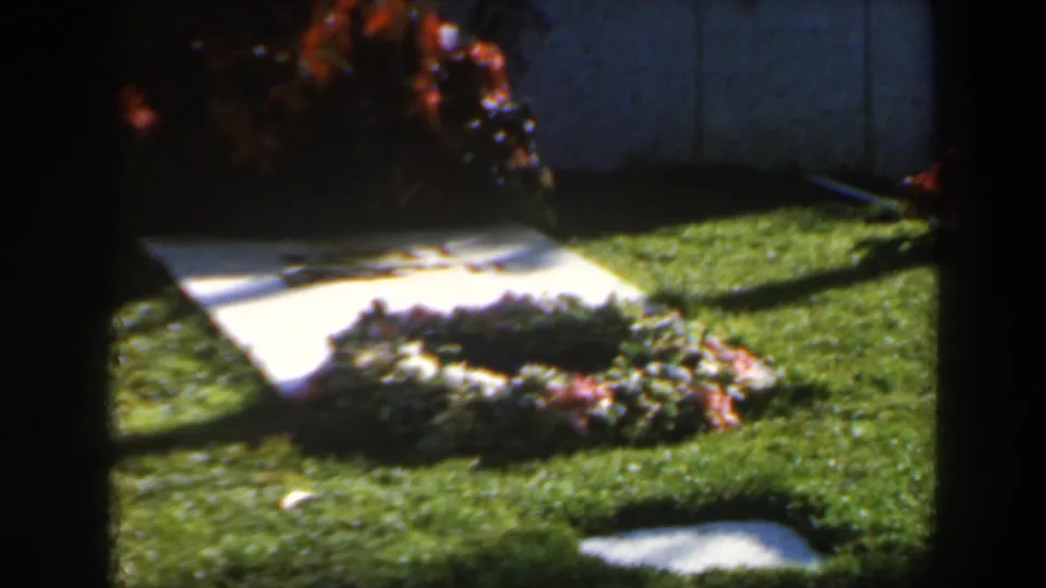 1960 Israel 8mm frame showing a floral wreath on the grass near a white marker, with flowers and strong sunlight.