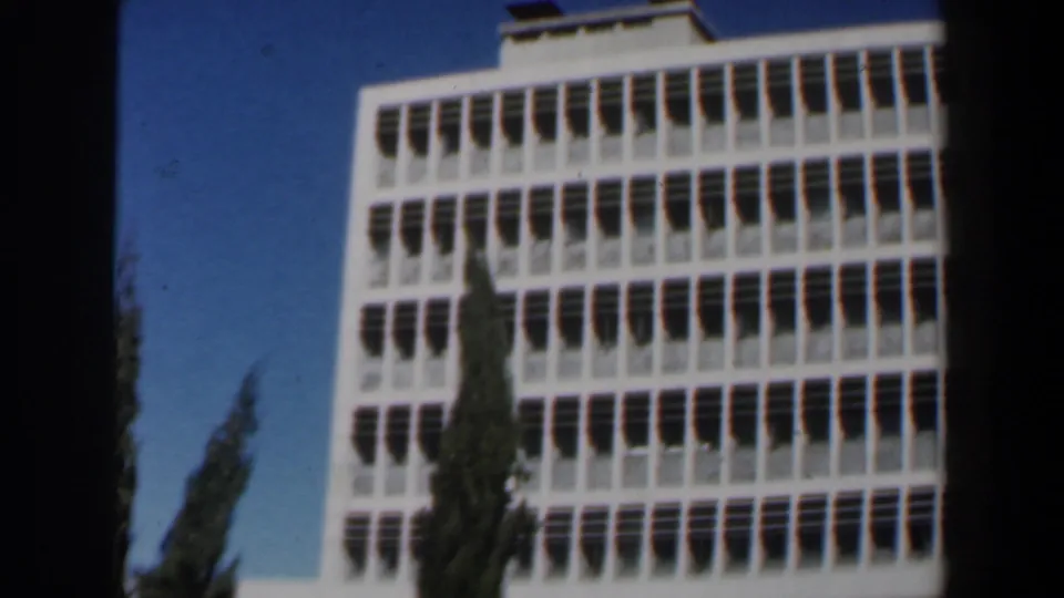 1960 Israel home-movie frame with a tilted view of the gridded facade and cypress tree as the woman drops toward the lower edge.