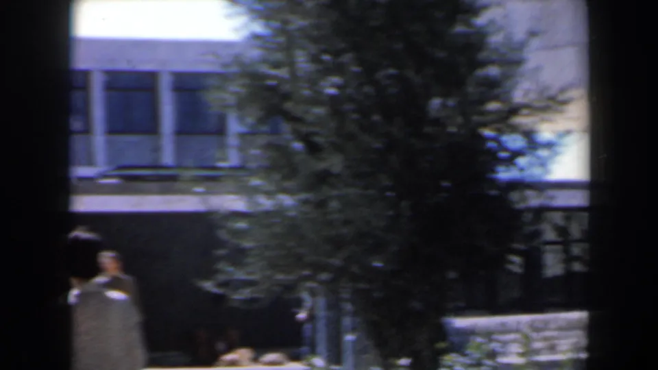 1960 Israel home-movie frame with pedestrians passing near a tree, landscaping and the concrete building exterior.