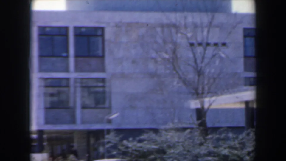 1960 home-movie frame from Israel showing a concrete building facade with large windows, winter-bare tree branches, shrubs, and dark frame borders.
