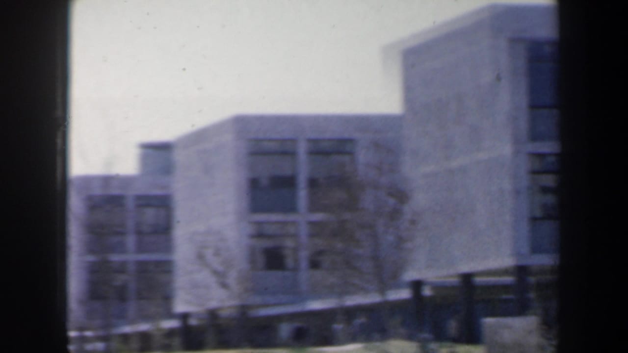 1960 Israel frame showing modern concrete building blocks with large window bays, bare trees, pale sky, and a dark vertical edge from the film scan.