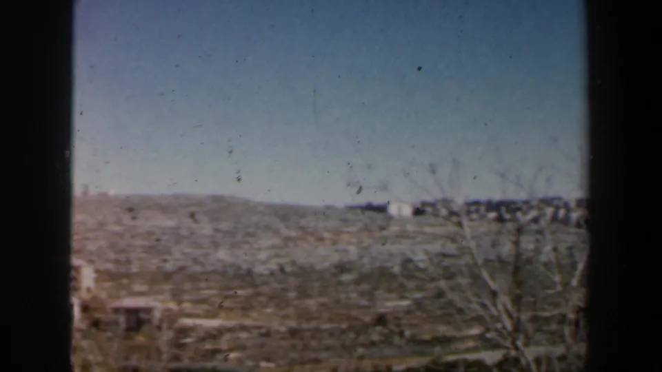 1960 Israel landscape frame showing dry grass, rocky open ground, a bare tree, and small pale buildings in the distance.