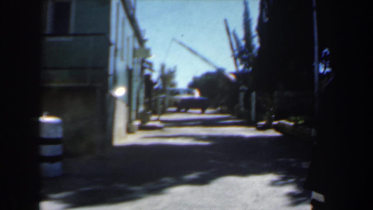 Classic car enters a sunlit alley between buildings and trees.