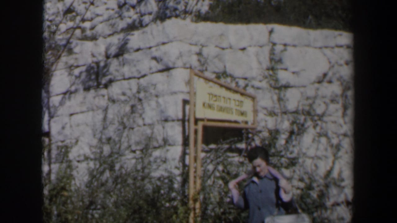 Woman standing near the King David's Tomb entrance sign against a stone wall.