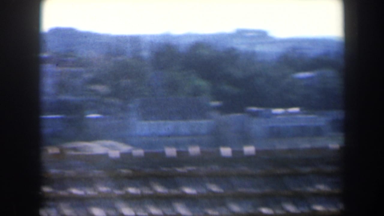 Soft rooftop view with tan shingles, distant trees, low buildings, and hazy hills.