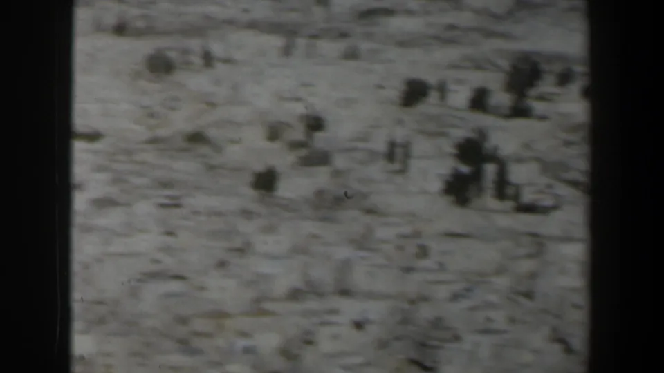 Soft 8mm view of a stone landscape in Israel, with scattered vegetation and indistinct distant features.