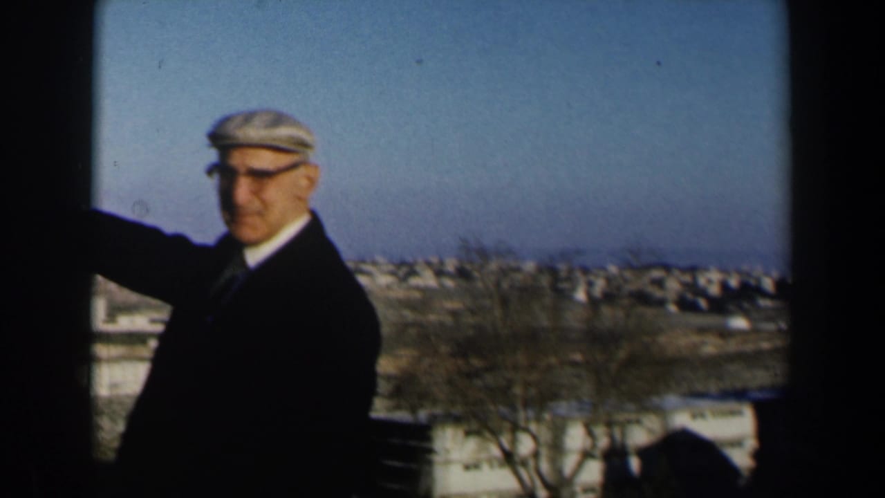 Older man in a beret standing on a balcony with a town behind him.