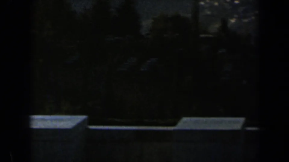 Underexposed 1960 Israel travel frame with dark trees and a pale roadside wall or handrail in view.
