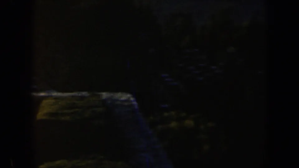 Dark 8mm travel frame from Israel with indistinct roadside forms, deep shadows, and visible film grain.