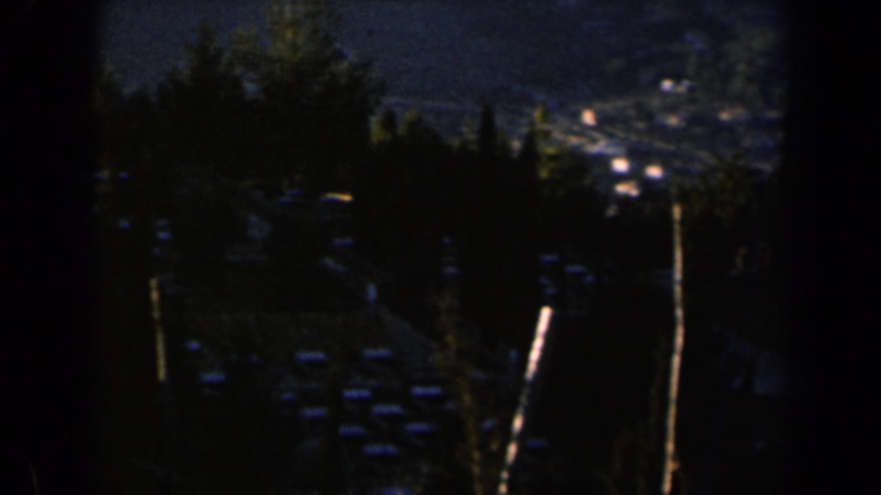 Dark trees frame a distant hillside with small pale buildings in bright light.